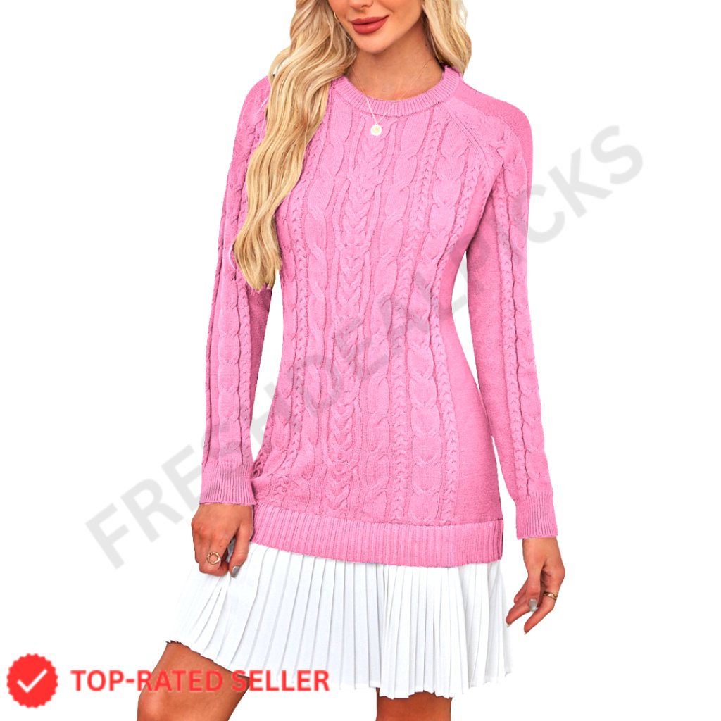 Cable Knit Sweater Dress Long Sleeve Crewneck Mini Dress Polyester